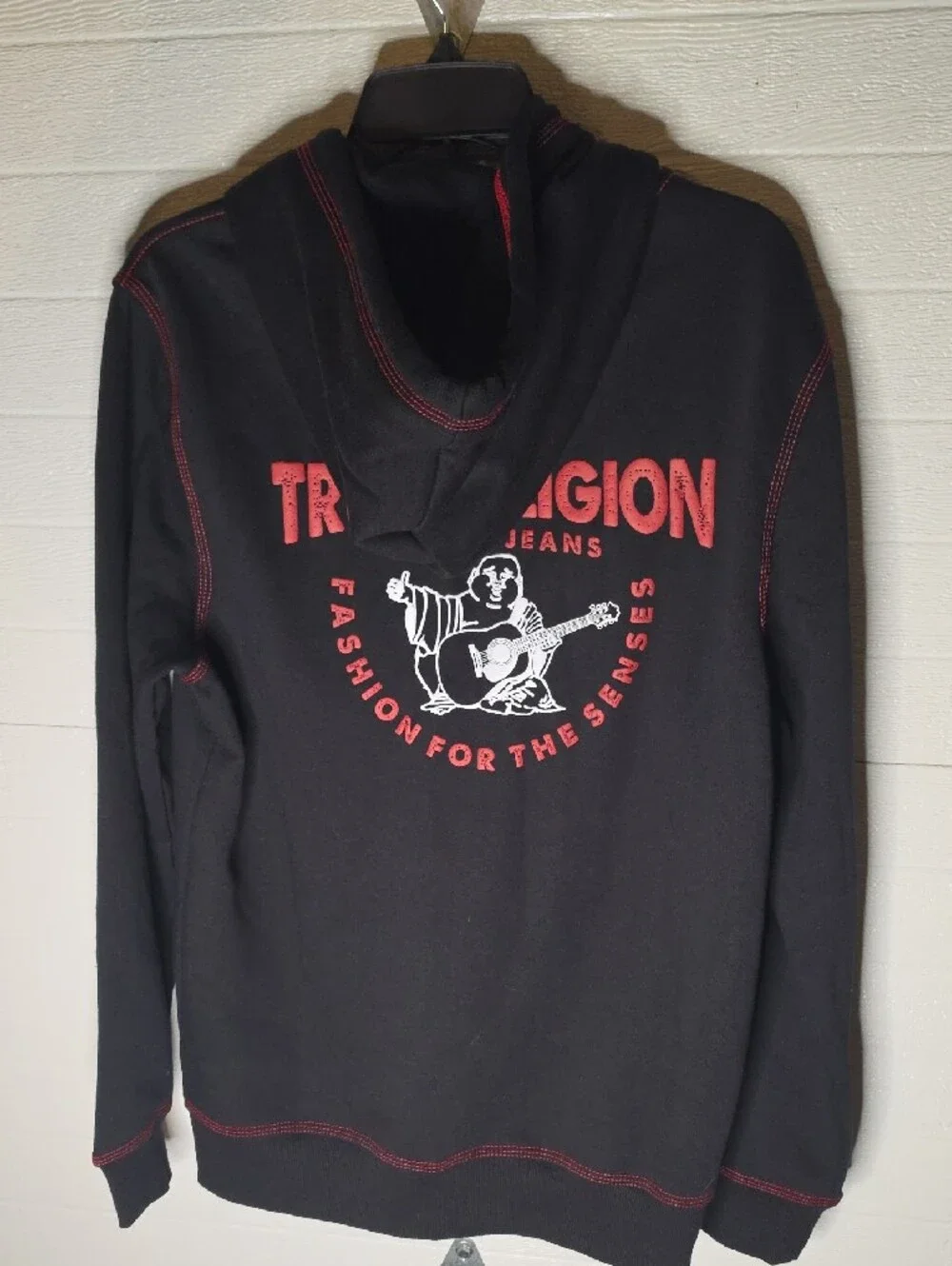 True Religion Black Zip Hoodie Tnl with Red Stitching and Logo M
